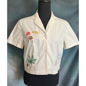 Dravus Cream Embroidered Mushroom Rainbow Short Sleeve Button Up‎ Shirt Size L